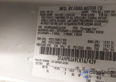 2012 Ford Fusion Sel from USA, damaged, VIN 3FAHP0JA9CR167439